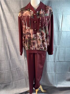 1219-Regal Women's Burgundy Jumpsuit with Elastic Waist